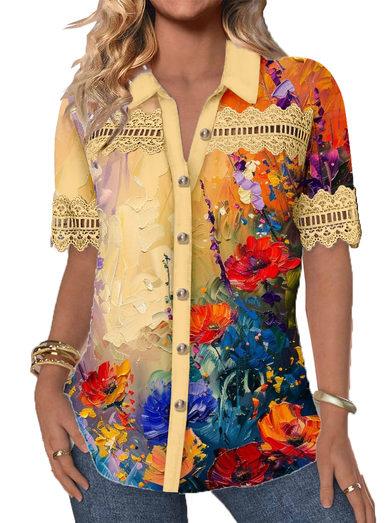 Women's Short Sleeve V-neck Lace Stitching Graphic Hollow Buttons Top