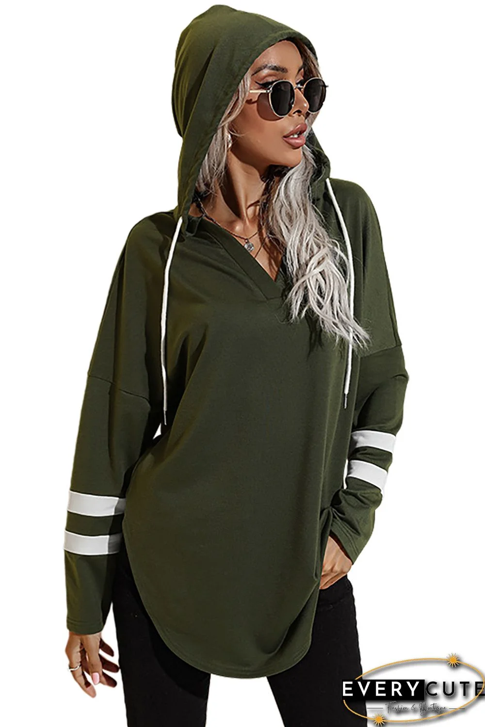 Green Striped Side Split V Neck Hoodie