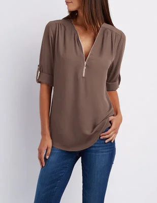 V-neck zipper sleeveless loose chiffon shirt