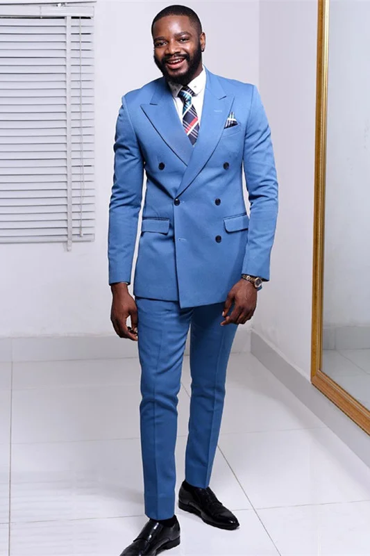 Fashion Blue Western Suits For Wedding Double Breasted With Peaked Lapel Party