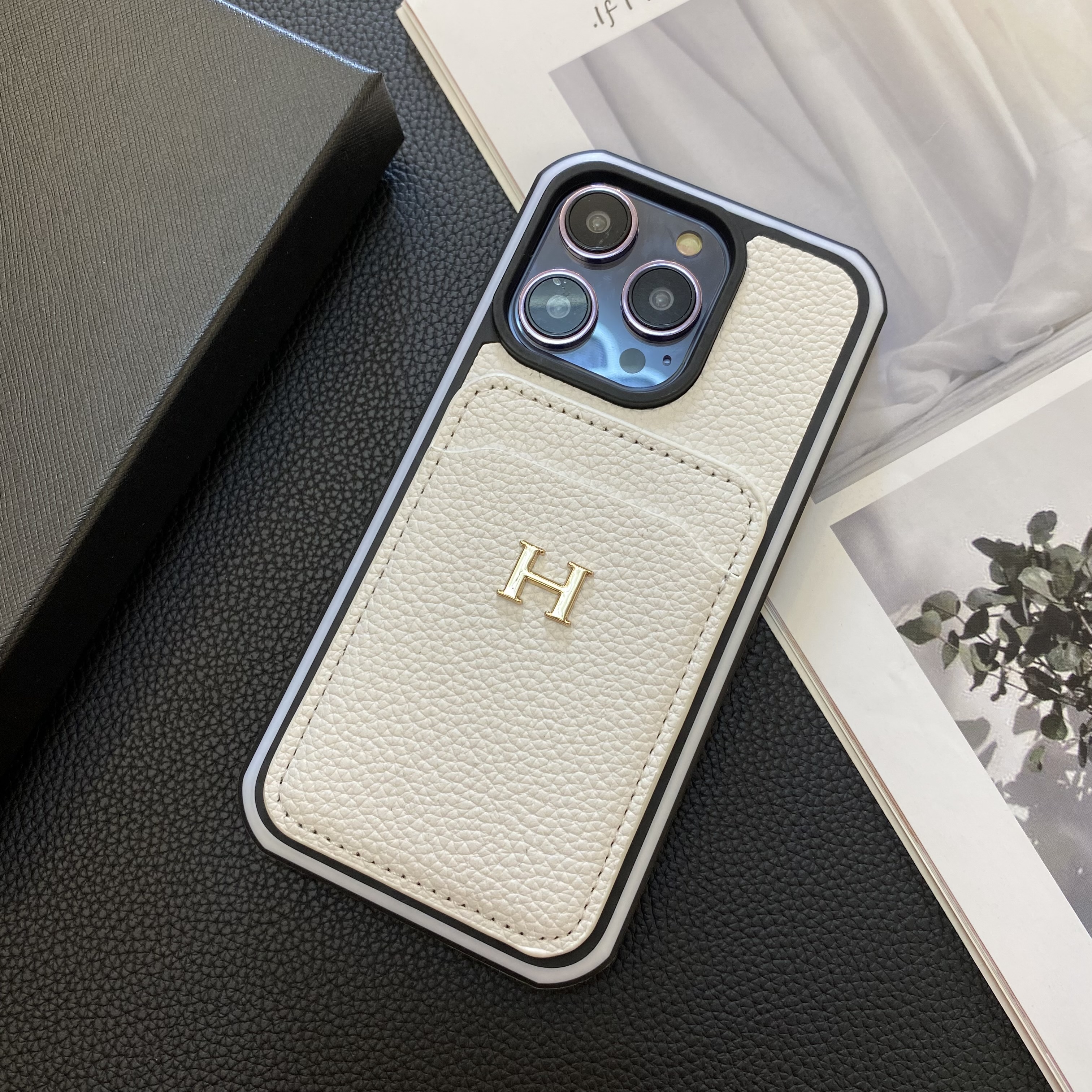 Hermes Genuine Leather Lychee Pattern Back Card Slot Apple iPhone Case
