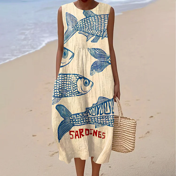 Women's Vintage Fish Sardines Art Print Sleeveless Cotton Pocket Wrap Dress
