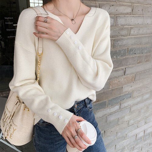 Autumn Winter V-neck Female Pullover Sweaters Full Sleeve Loose Casual Elegant Lady Knitwear 2021 Women Knitted Jumpers 11319