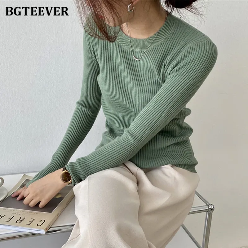 BGTEEVER Fashion New Autumn O-neck Slim Women Sweater 2021 Full Sleeve Stretched Casual Knitwear Skinny Female Knitting Tops