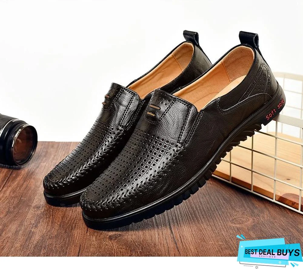 New Openwork Men Black Loafer Perforated Shoes Leather Flats Driving Shoes Business Men's Shoes