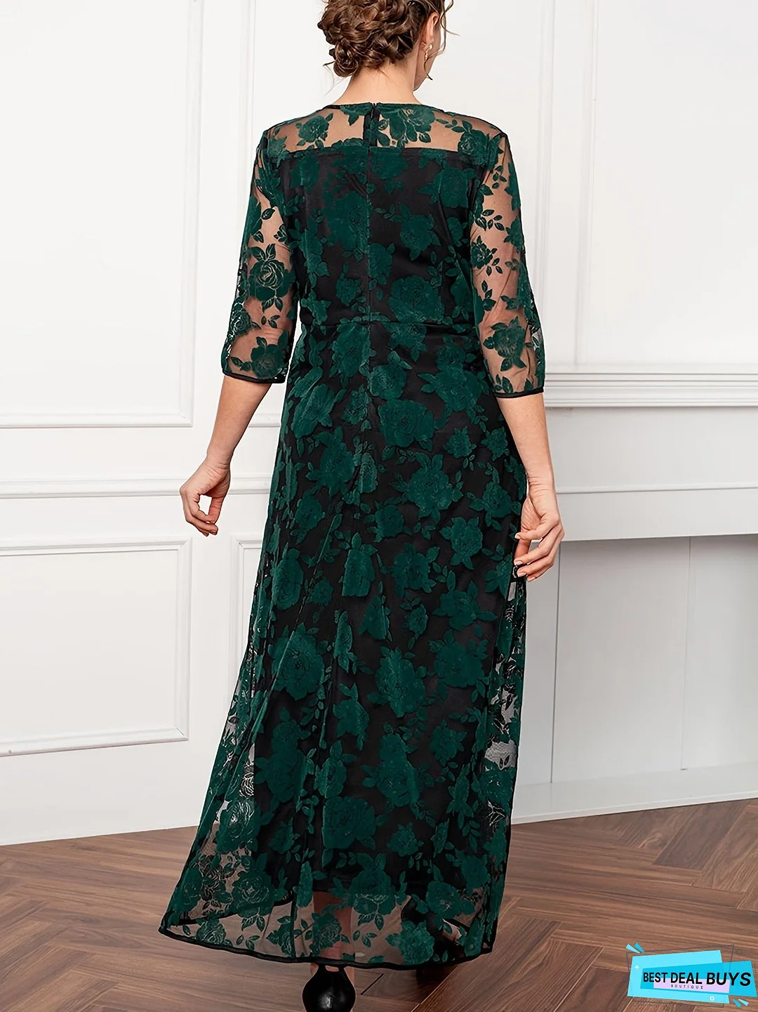 Plus Size Elegant Dress, Women's Plus Floral Print Contrast Mesh Three Quarter Sleeve Round Neck Maxi Dress