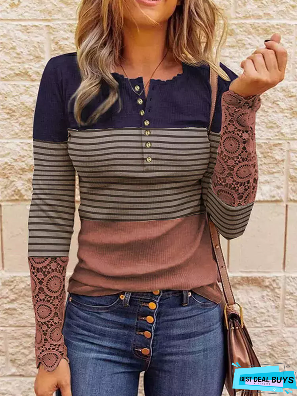 Color Block Lace Patchwork Casual V Neck Top