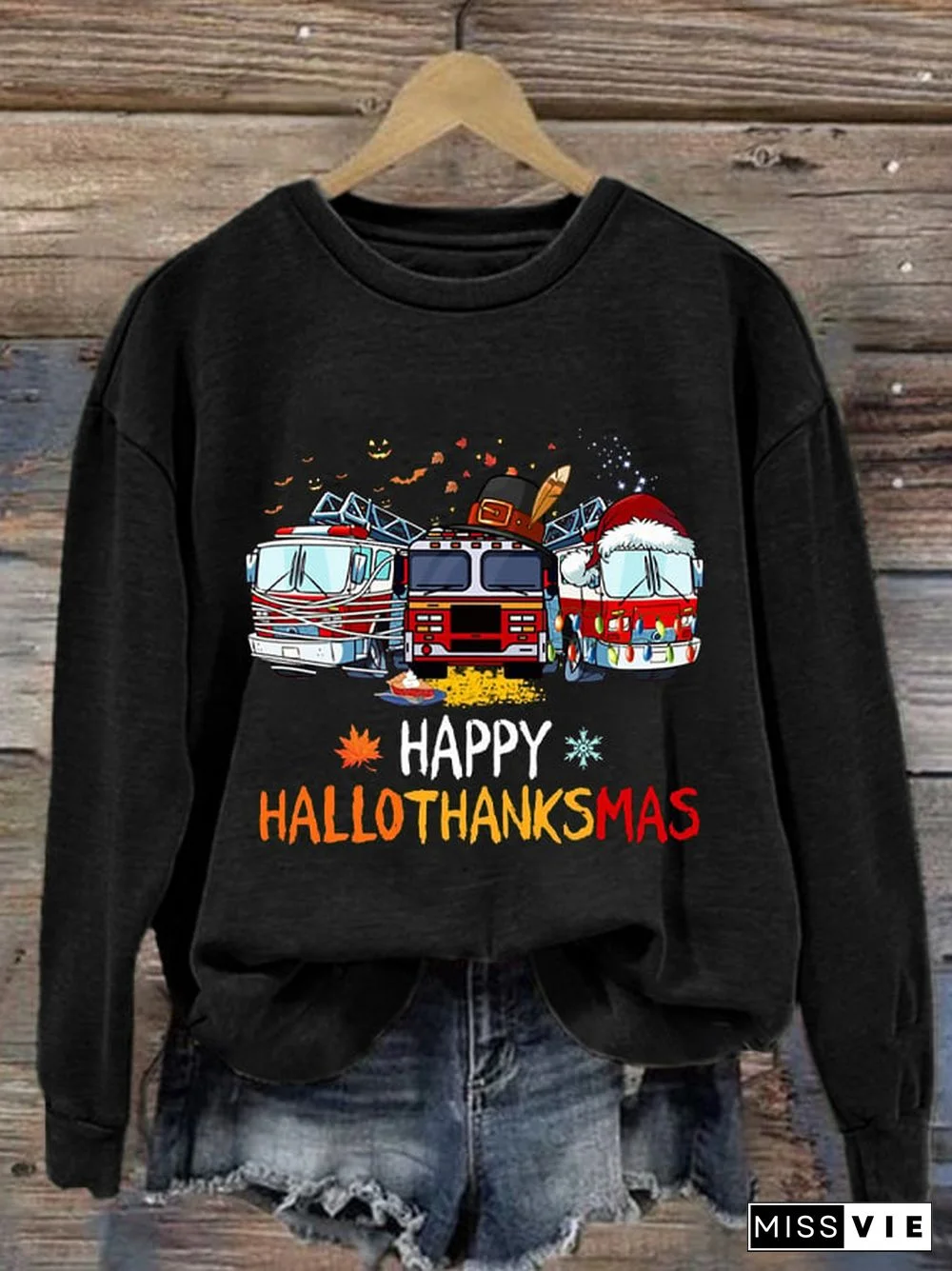 Women's Casual Happy Hallothankmas Firefighter Print Long Sleeve Sweatshirt