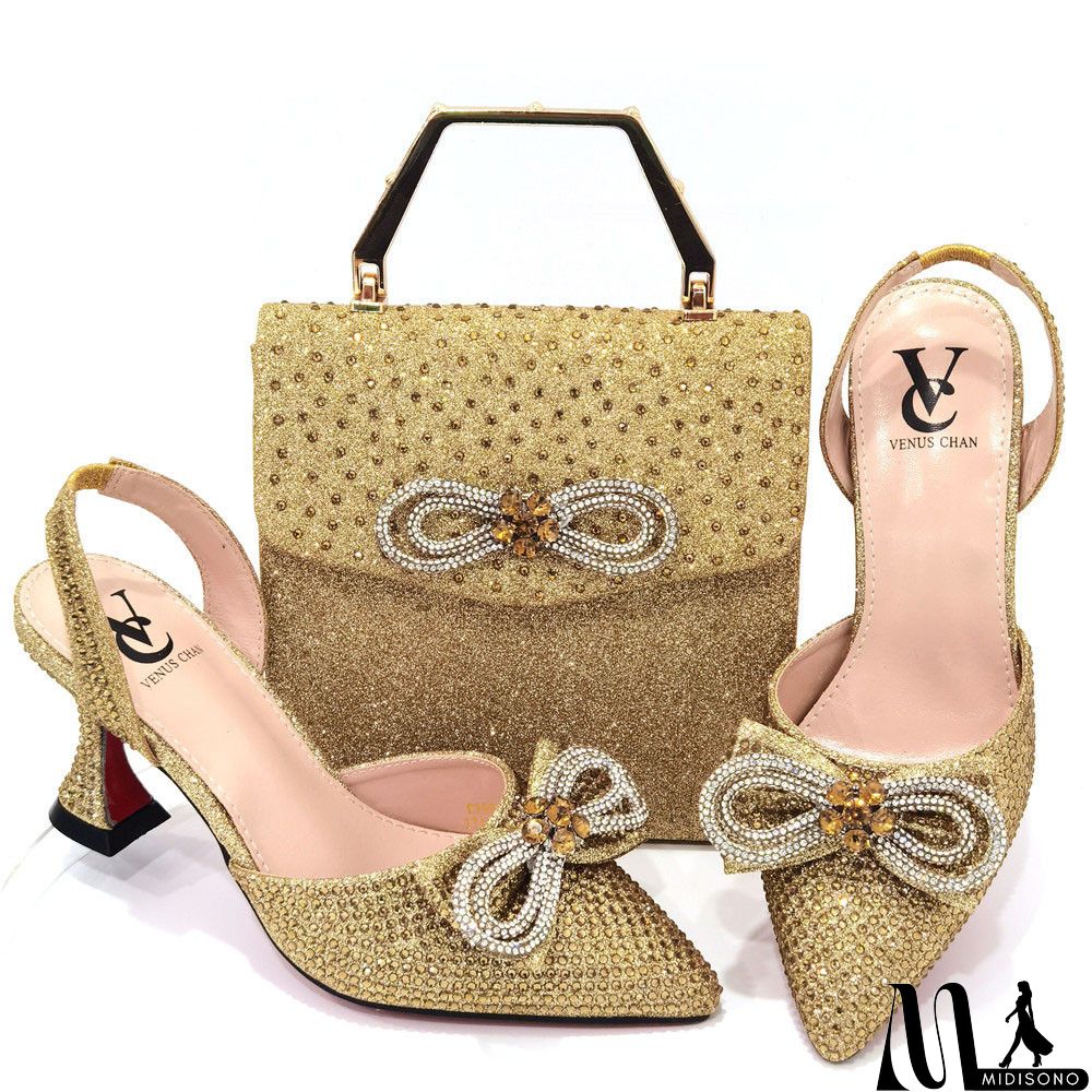 MidiSono - Women Fashion Pointed Toe Rhinestone High Heel Sandals With Evening Bag Set