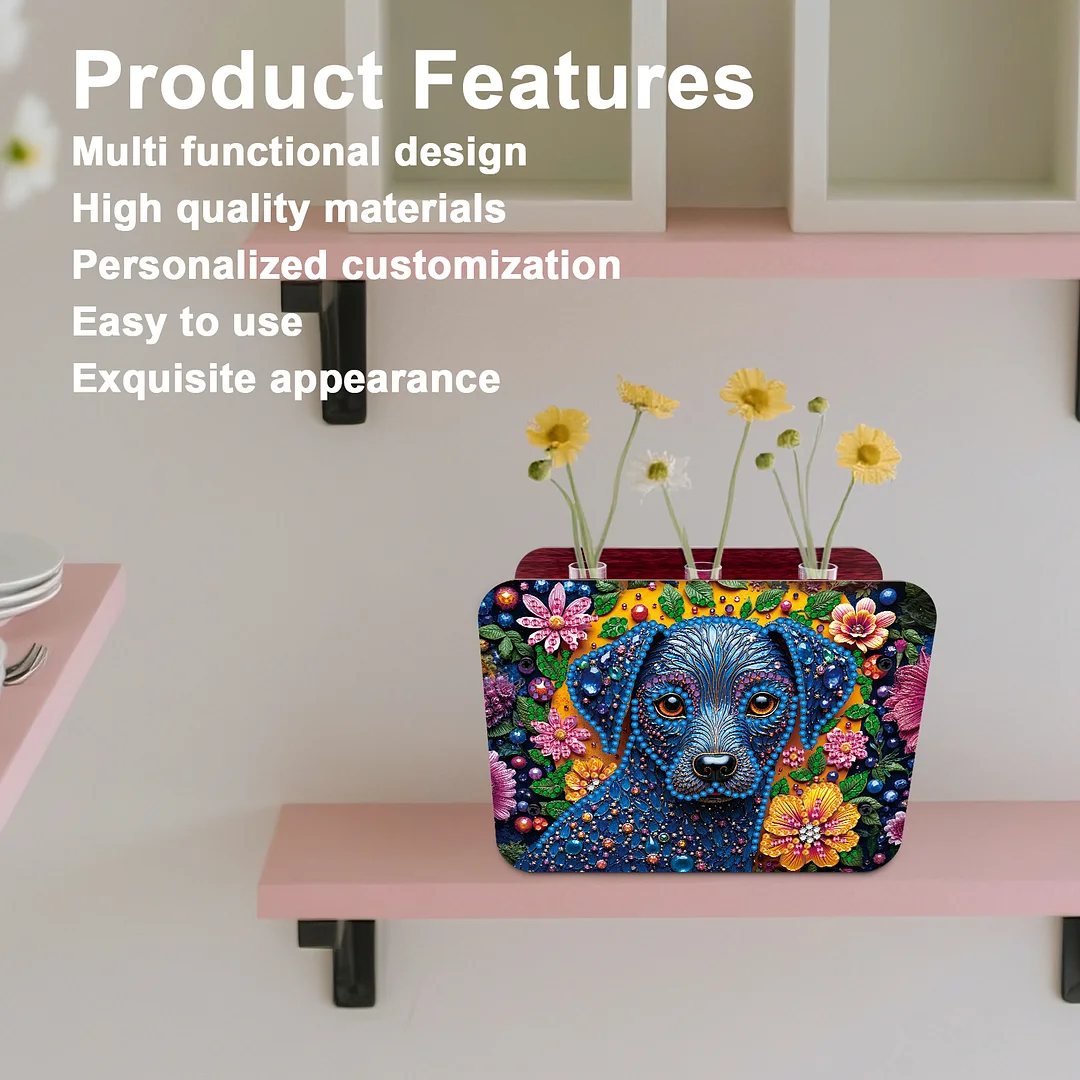 Dog DIY Flower Vase Wooden Double Sided Desktop Diamond Art Kit for Home Decor