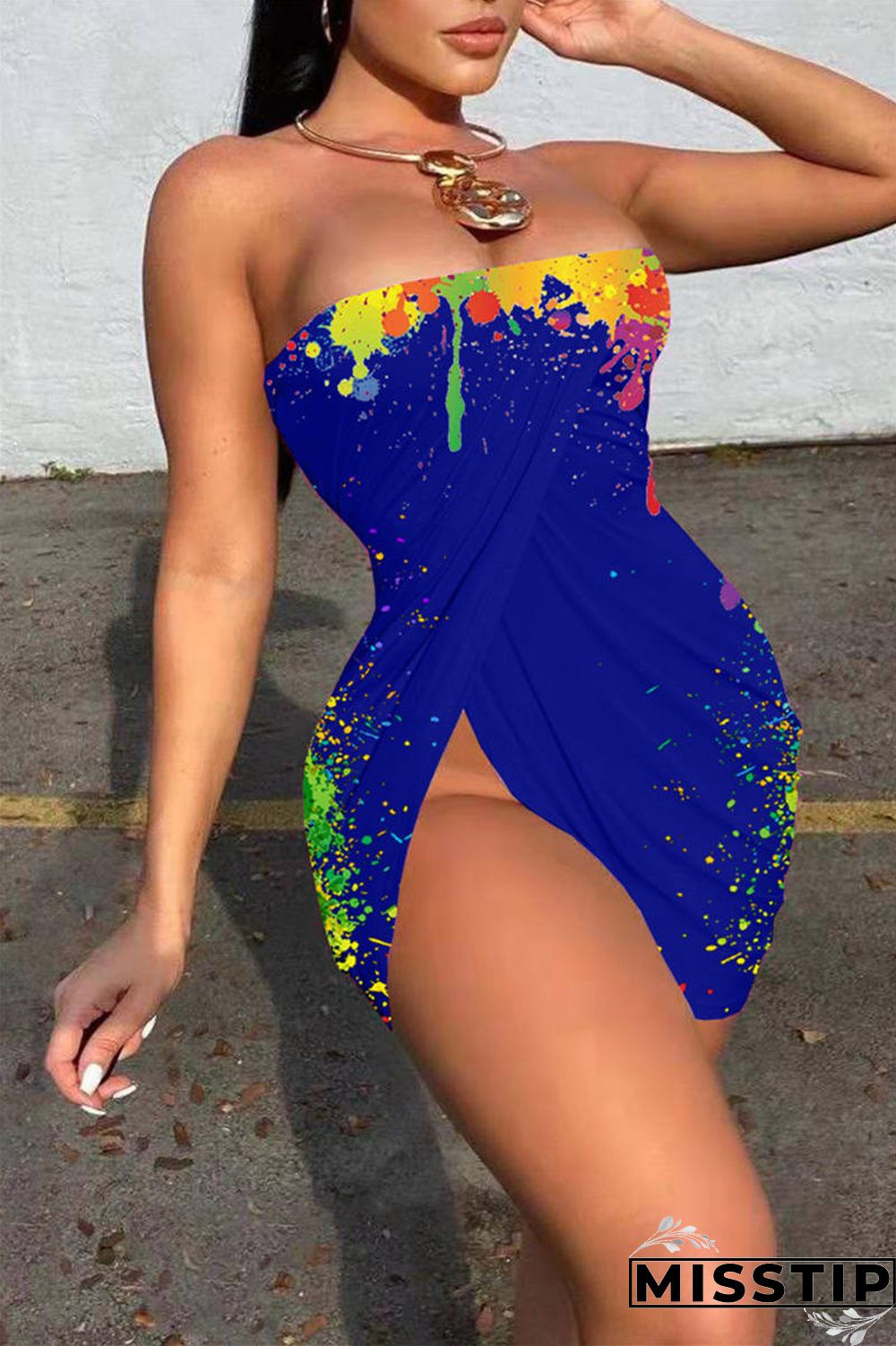 Colorful Blue Sexy Print Backless Asymmetrical Strapless Sleeveless Dress