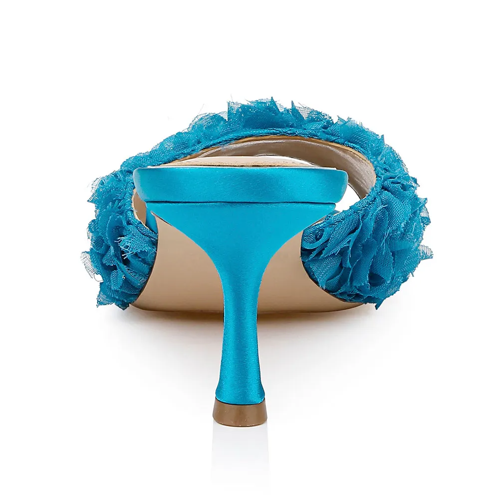 YDN Peep Toe Stiletto Heel Slip On Ruffle Mules Shoes in Blue