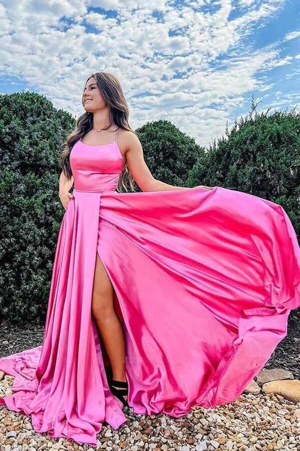 Ovlias Elegant Fuchsia Spaghetti Strap Split Draped Satin Evening Dress LY0573