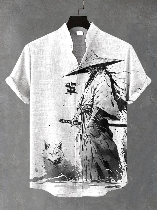 Men's Samurai And Wolfhound Ink Art Print Short Sleeve Shirt