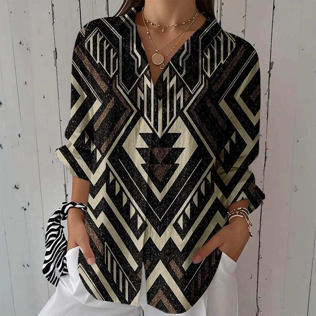 Style & Comfort for Mature Women Women Western,  Black,  Geometric DZCL0421 3/4 Sleeve Shirt Collar Printed Button Tops