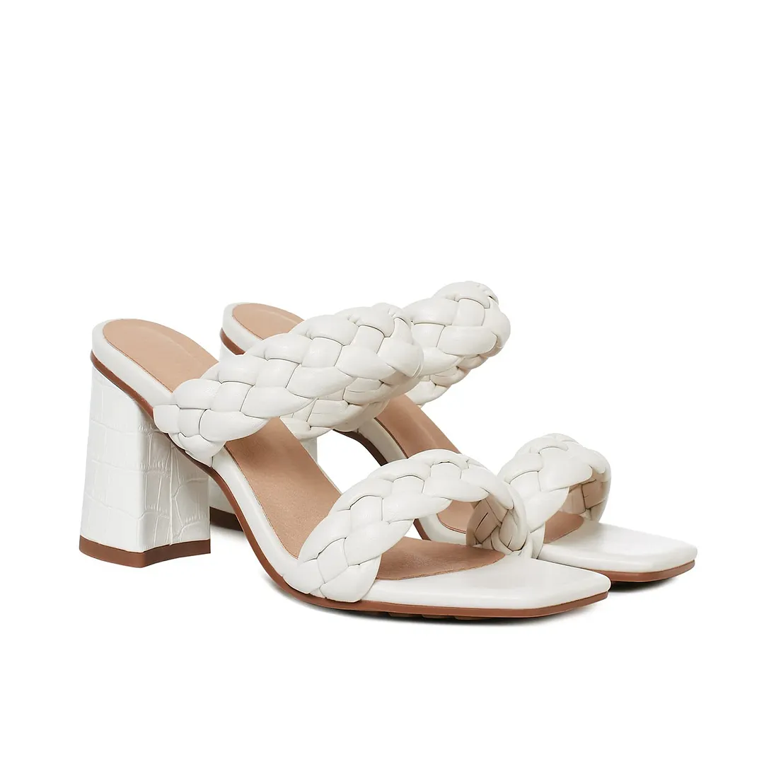 80mm Women's Braided  Square Open Toe Backless Block Double Straps Sandals-vocosishoes