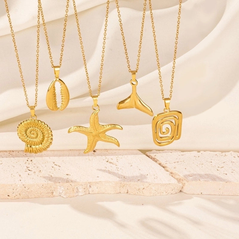 Marine Style Starfish Conch Fish Tail 304 Stainless Steel Pendant Necklace