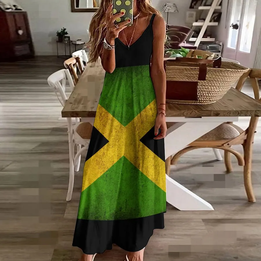 jamaican flag maxi dress Jamaica Flag Proud Jamaicans Women's Casual Strappy V Neck Sleeveless Flowy  Loose Long Maxi Beach Dress Sundress