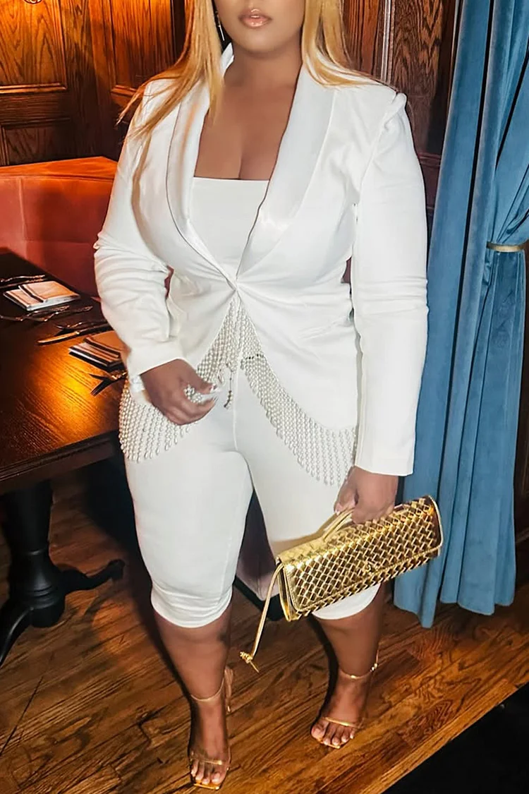 Plus Size Business Casual White Casual Lapel Collar Long Sleeve Strappy Two Piece Pant Suits