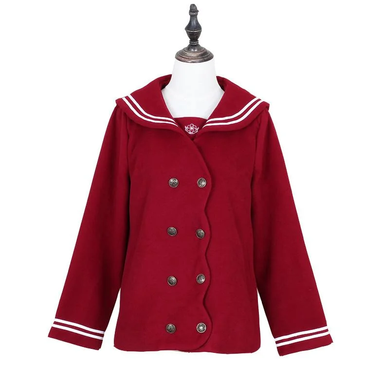 S/M/L Wine/Navy Sailor Sakura Embroider Woolen Uniform Coat SP154675