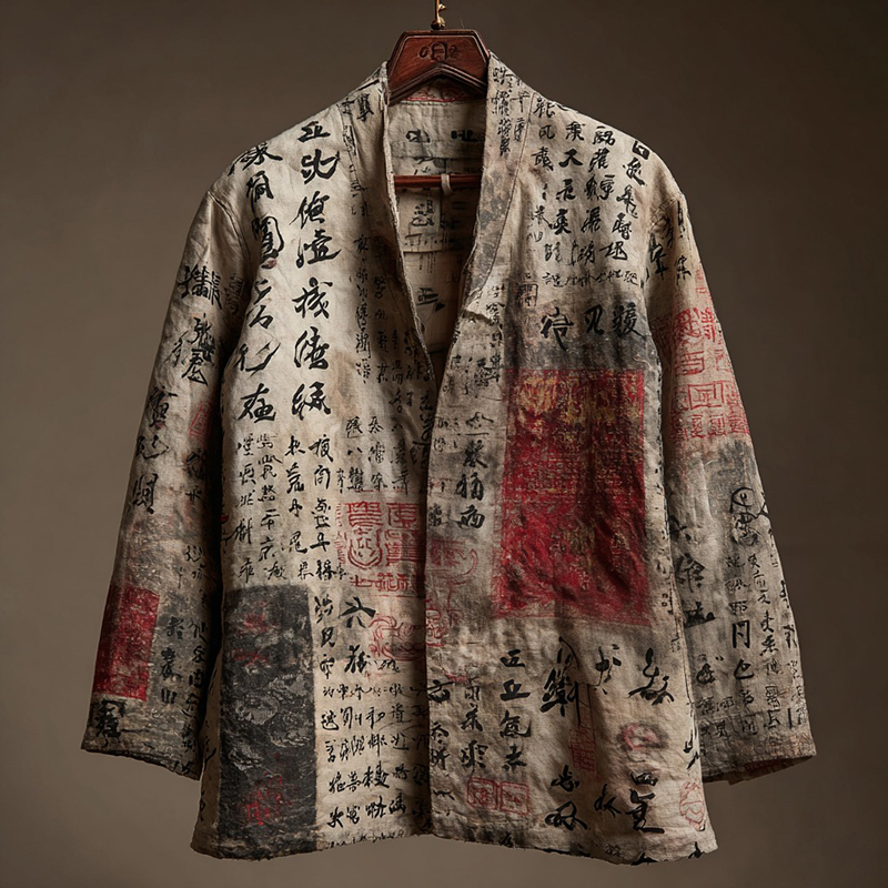 Retro Calligraphy Art Pattern Casual Linen Blend Kimono Cardigan  artssus