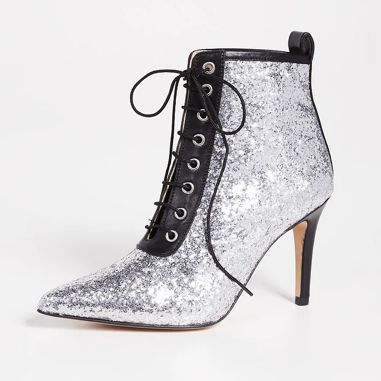 Silver and Black Glitter Boots Pointy Toe Lace Up Ankle Boots |FSJ Shoes