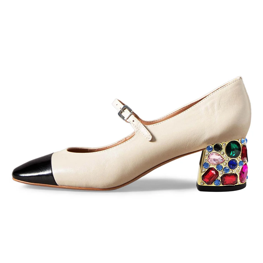 Ivory Vegan Leather Square Toe Decorative Heel Mary Janes for Women