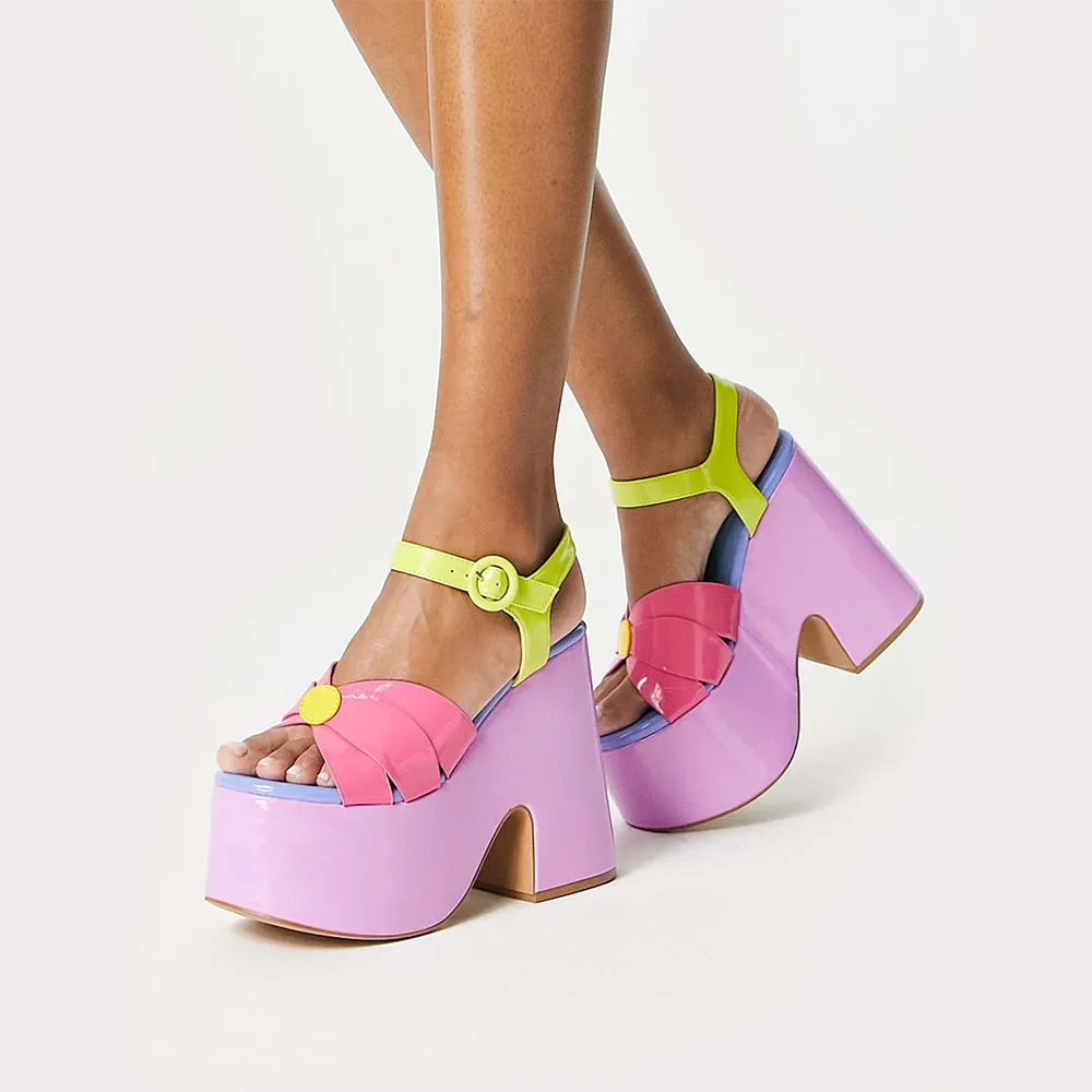 Multicolor Flower Strappy Open Round Toe Platform Women's Heel Sandals