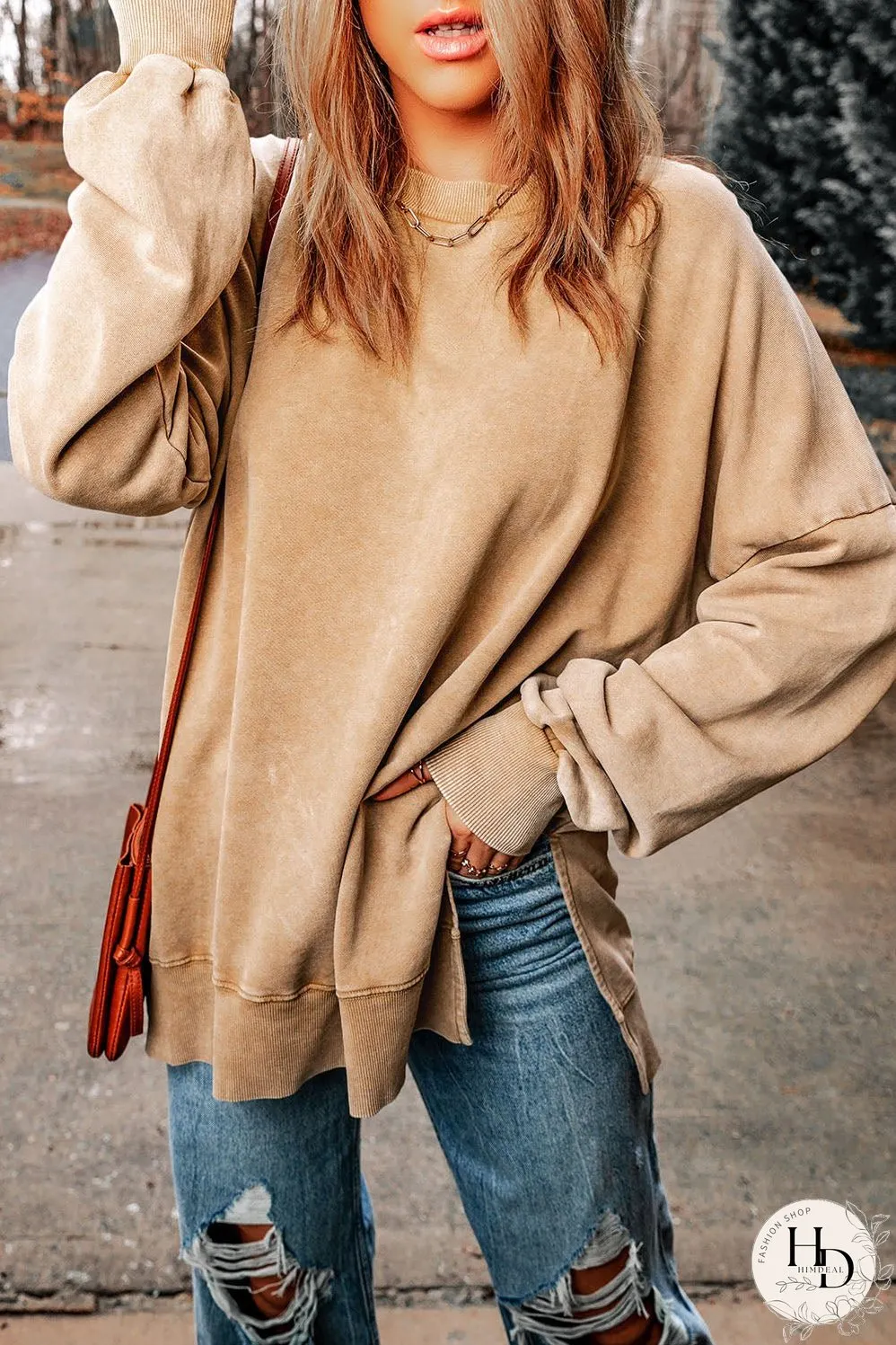 Dropped Shoulder Round Neck Long Sleeve Blouse