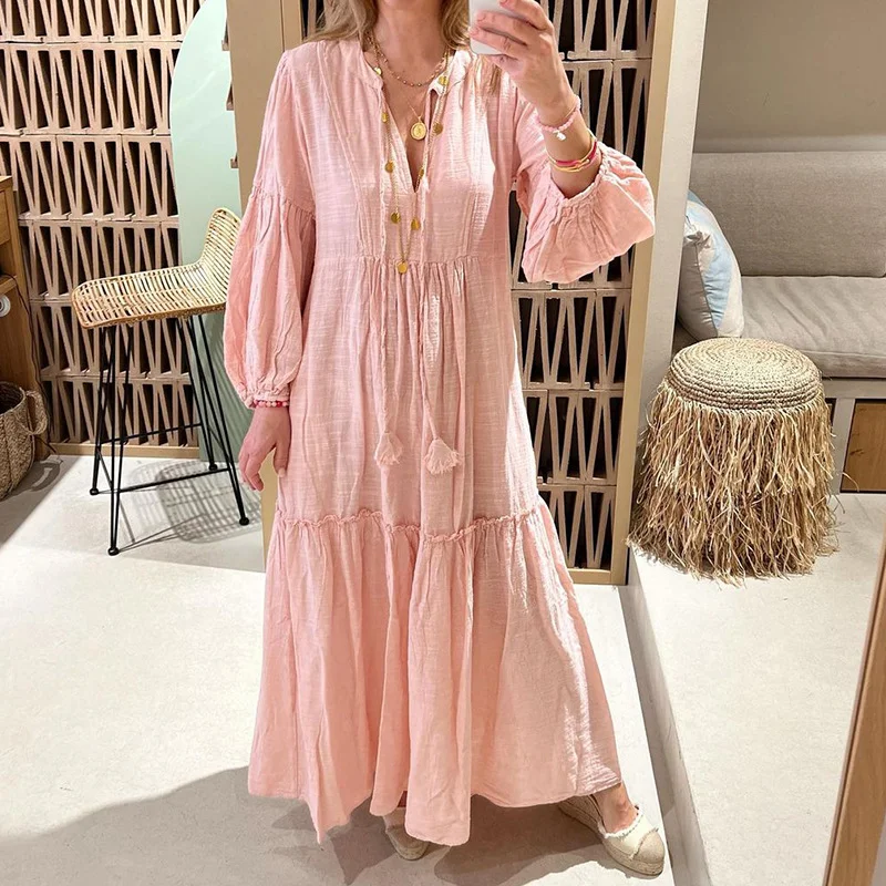 Casual And Fashionable V-Neck Tie Up Bubble Sleeve Loose Fitting Maxi Dress
