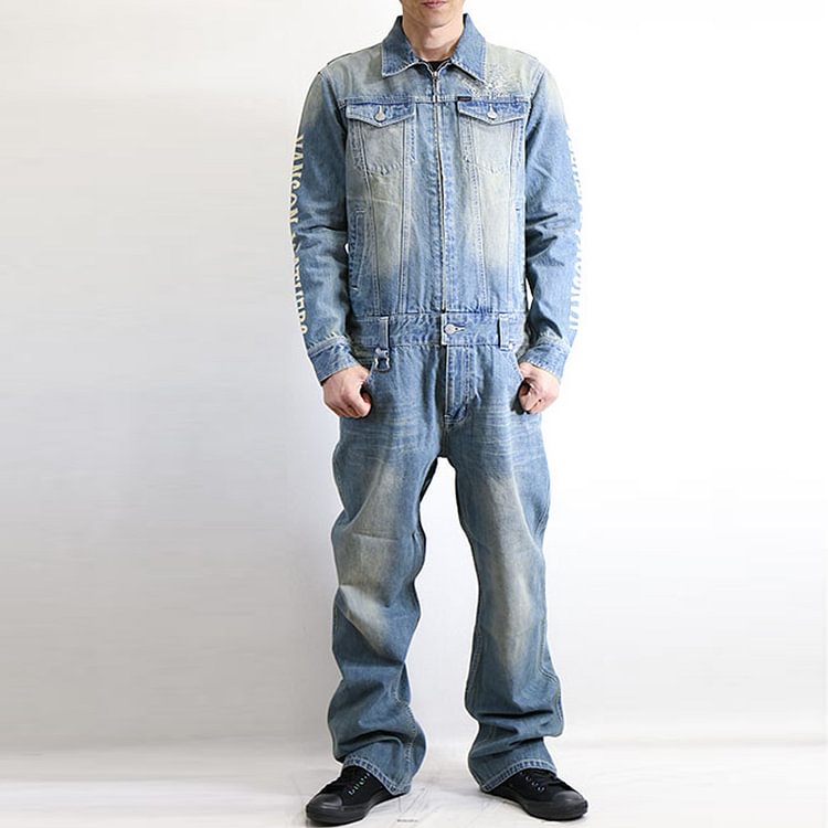 Vintage Light Blue Washed Denim Embroidered Zipper Lapel Jumpsuit