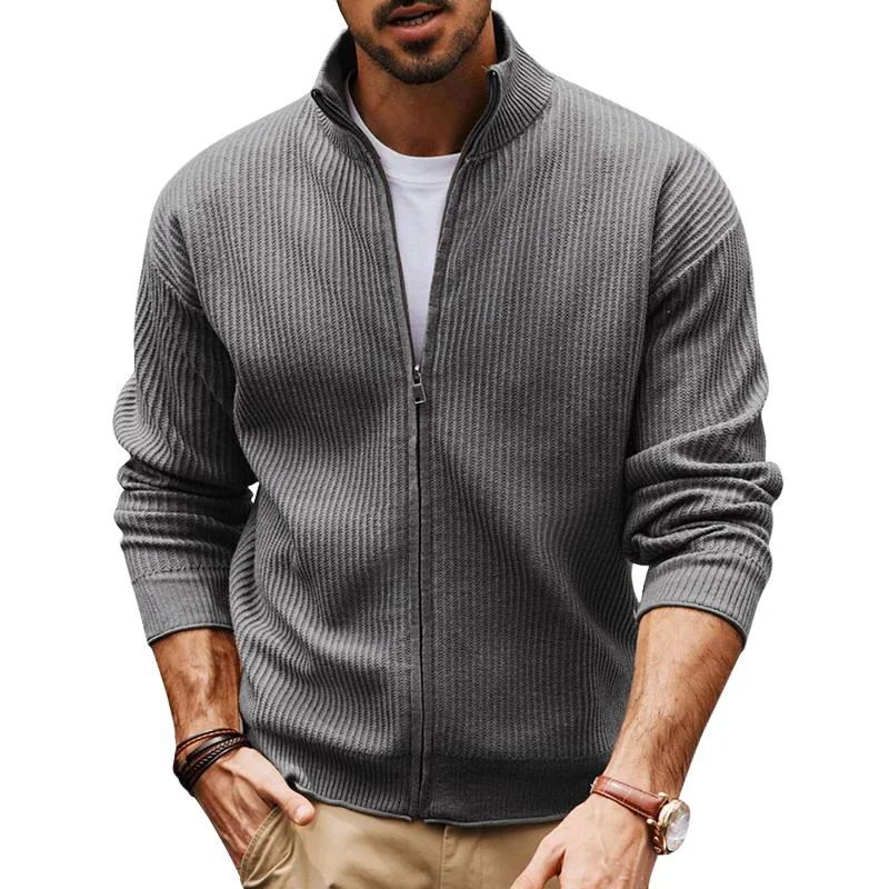 Men's Grey Stand Collar Zippered Knit Cardigan