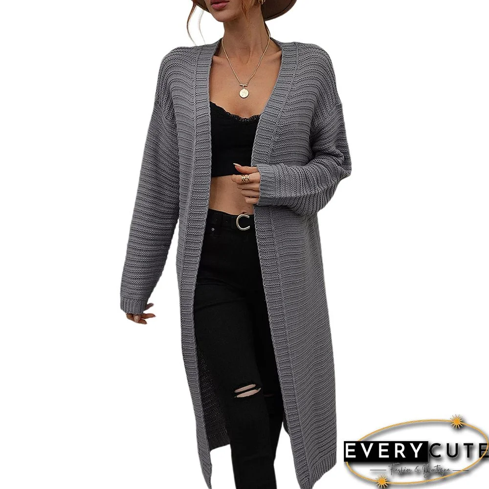 Dark Gray Solid Knit Open Front Long Cardigan