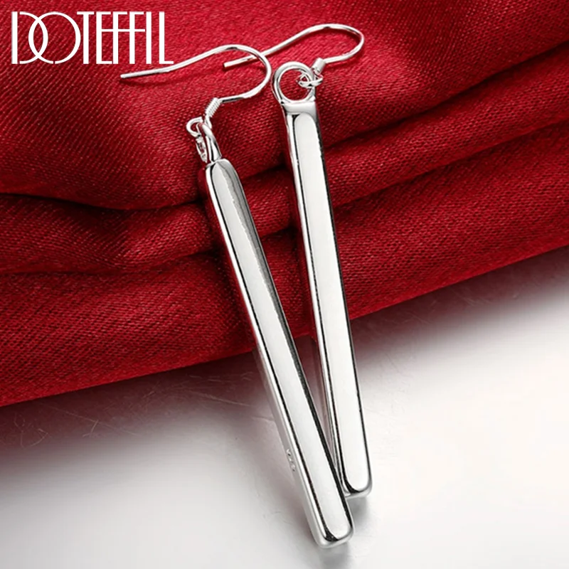DOTEFFIL 925 Sterling Silver Smooth Small Cylindrical Long Earrings Charm Women Jewelry 