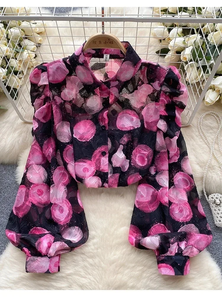 Colourp Women Spring Autumn Shirt Retro Romantic Atmosphere Printed Shirt with Bubble Sleeves Design High Grade Small Style Top D5496