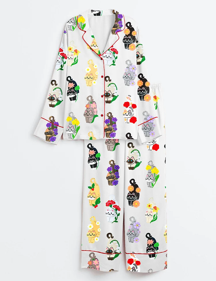 Women&rsquo;s Birth Months Flower Cats Cute Cat Lover Print Long Sleeve Satin Pajama Set