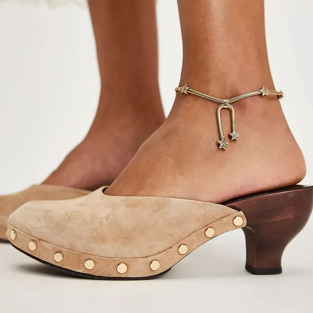 Fashion Beige Vegan Suede Round Toe Mule Clog Heels with Studs