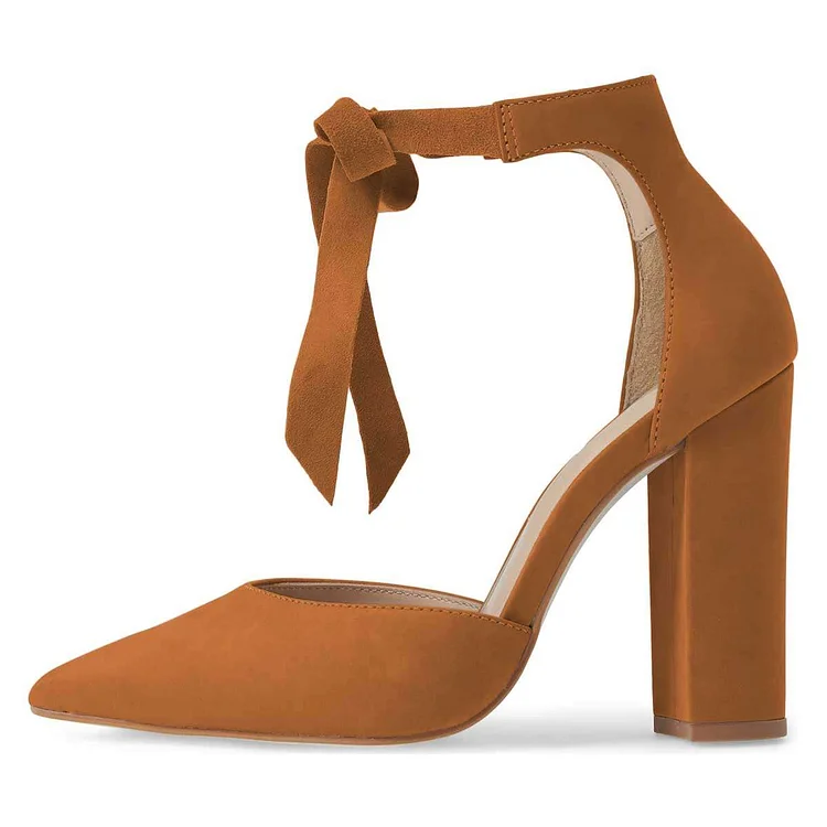 Escarpins à bout pointu et talons carrés en daim marron avec nœuds Flusfy