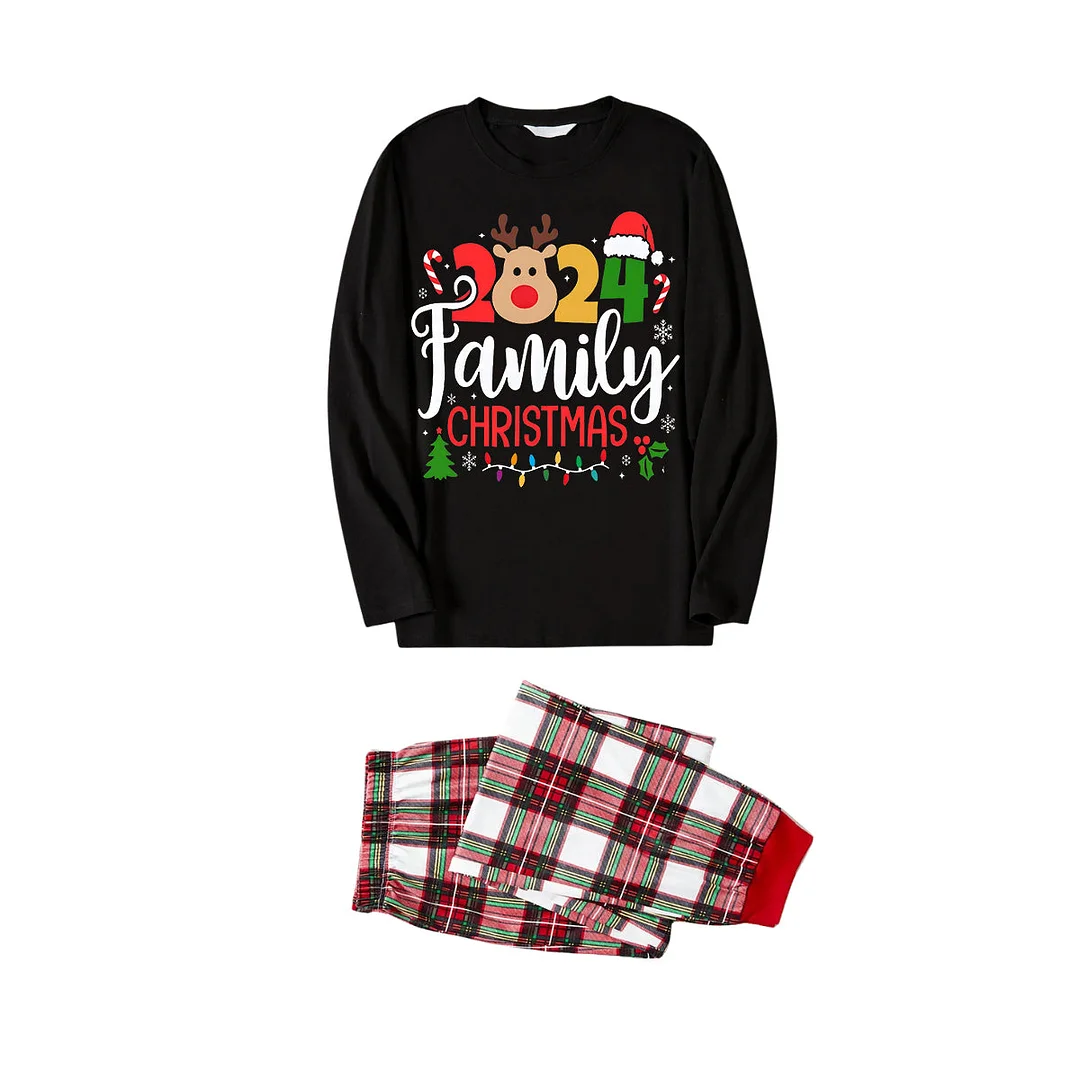 "Family Christmas 2024" Text and Deer Printed Red and White Plaid Family Matching Pajamas
