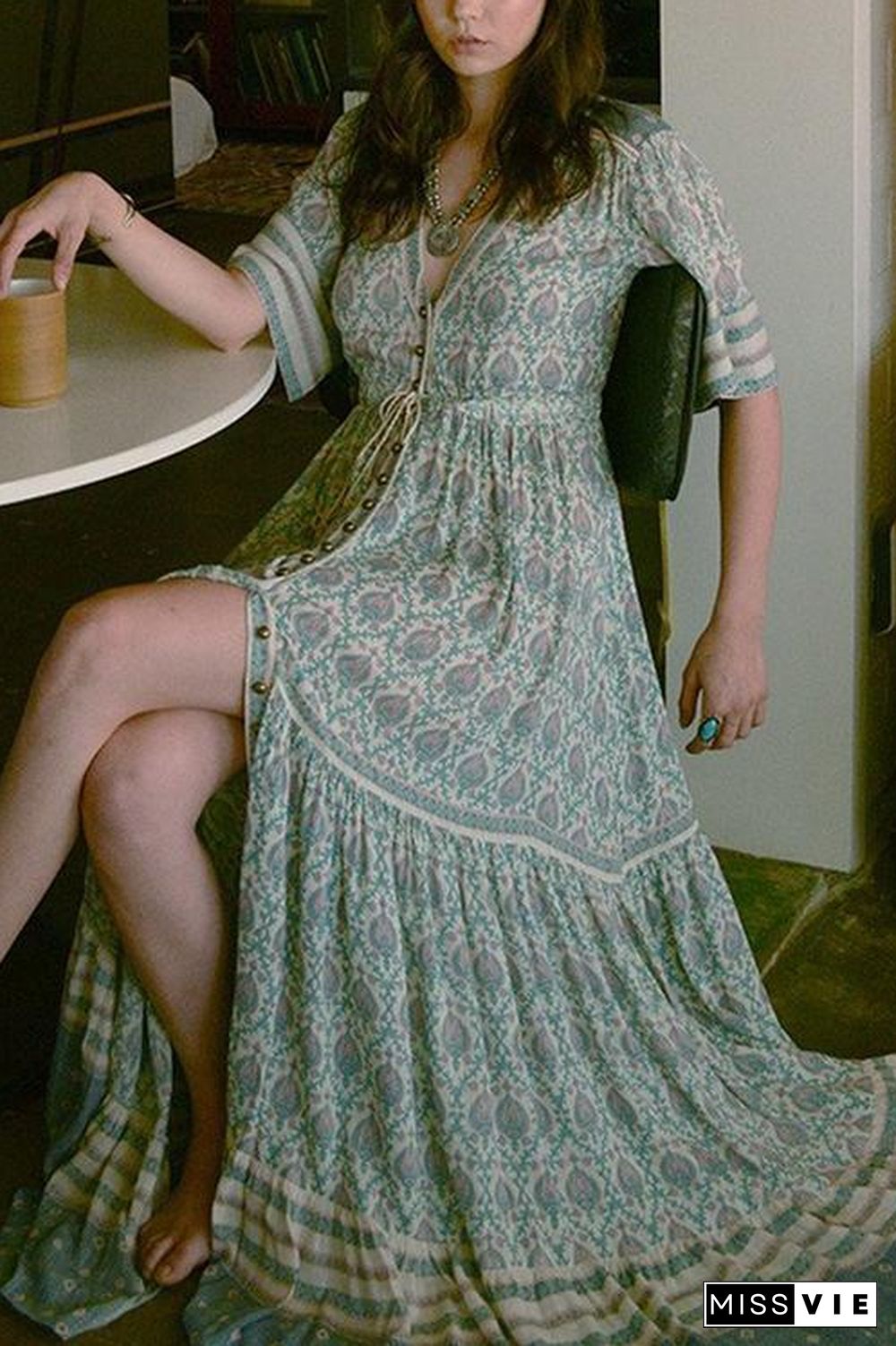 Print V Neck Short Sleeve Maxi Dress