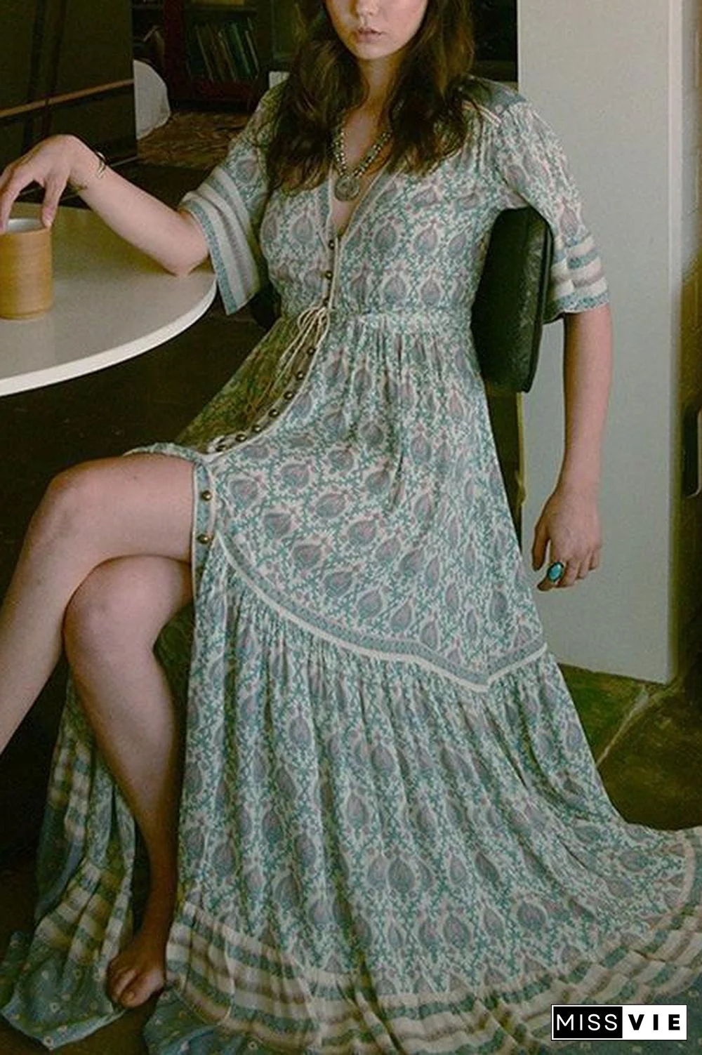 Print V Neck Short Sleeve Maxi Dress