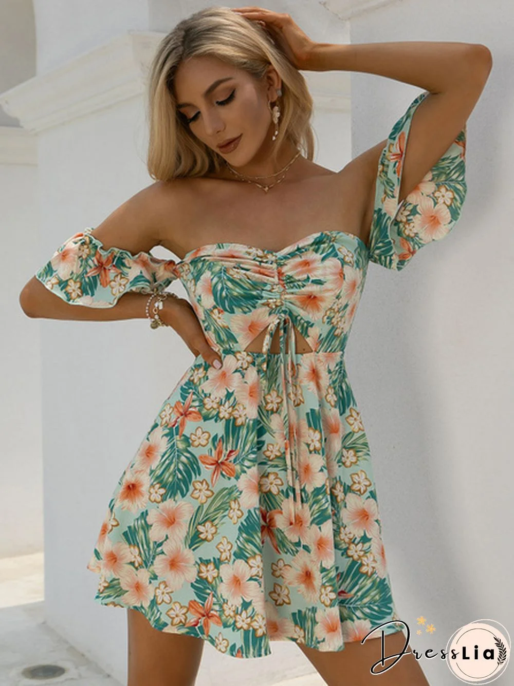 Tropical Floral Print Drawstring Peekaboo Bardot Beach Hot Dress