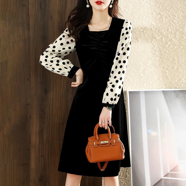 Black A-Line Polka Dots Elegant Dresses