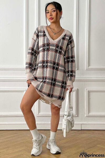 Plaid V-Neck Long Sleeve Sweater Dress