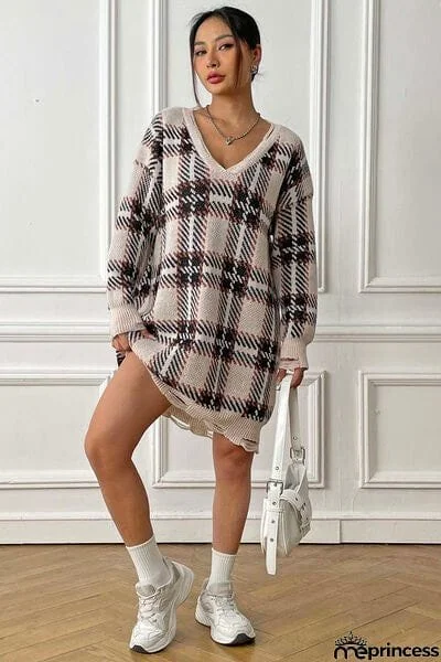 Plaid V-Neck Long Sleeve Sweater Dress