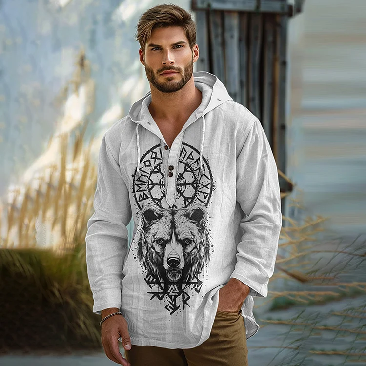 Men's Vintage Viking Bear Art Linen Hooded Shirt