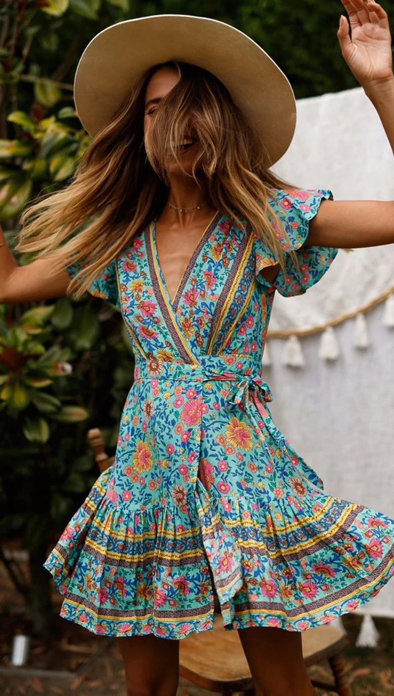Fitshinling Deep V Neck Summer Wrap Dress Print Floral Sexy Pareo Beach Wear Bohemian Slim Sexy Robe Holiday Short Dresses Women