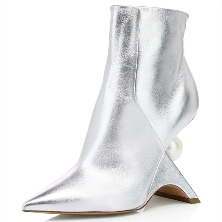 Silver Pointy Toe Fashion Boots Pearl Special Heel Ankle Boots |FSJ Shoes