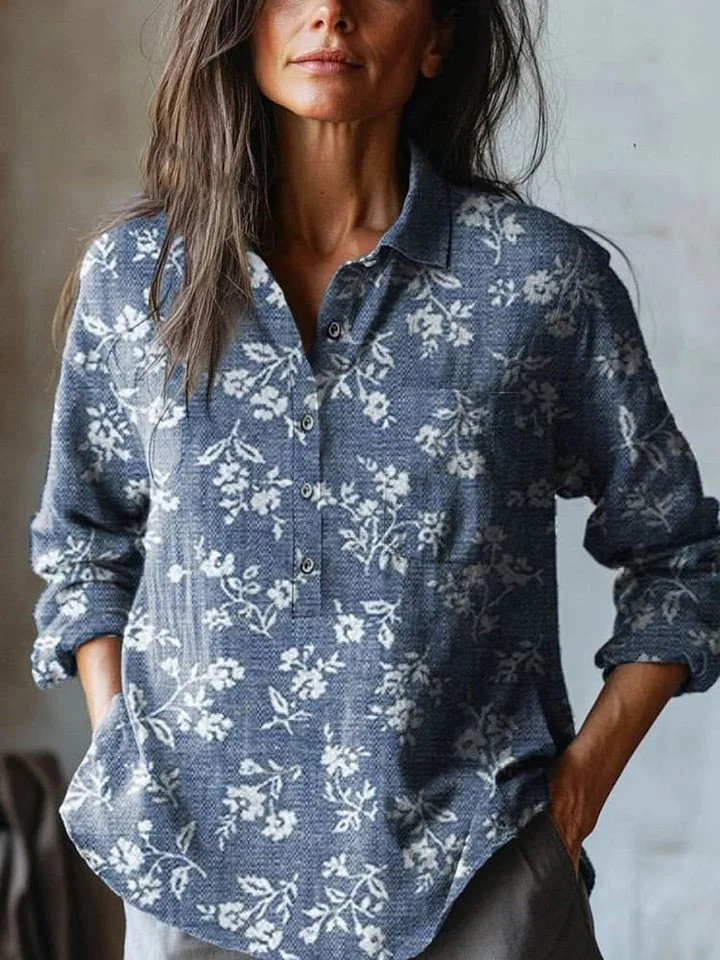 Women's Vintage Lovely Floral Art Print Casual Cotton And Linen Shirt
