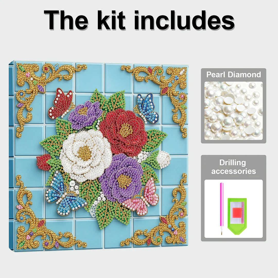 Butterfly Flowers - DIY Pearl Diamond Art Kit With Frame 25*25cm